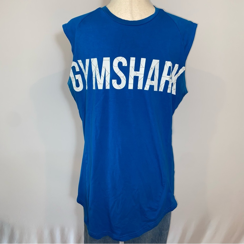 Gymshark Men’s Blue Muscle Tank Top with large white logo on front size Large